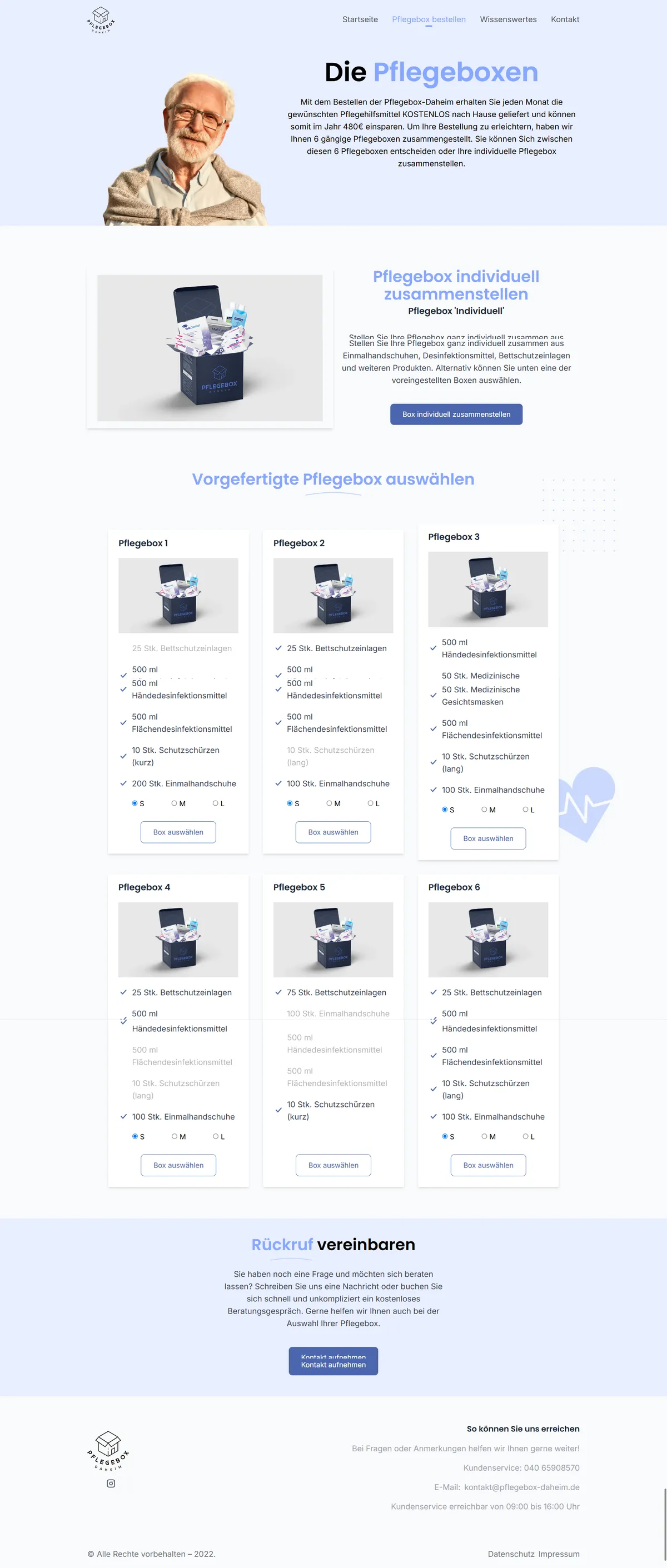Full-length screenshot of the Pflegebox Daheim box page: a senior man next to the heading "Die Pflegeboxen", a teaser for building your own box, a grid of six ready-made care boxes listing gloves, disinfectant, bed pads and aprons with glove-size options, a call-back section and the footer.