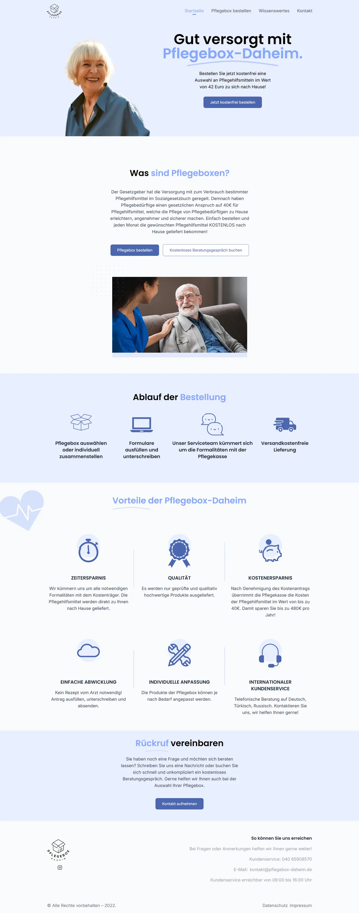 Full-length screenshot of the Pflegebox Daheim home page: a smiling senior woman beside the headline "Gut versorgt mit Pflegebox-Daheim" and the offer of free monthly care aids, an explanation of what a Pflegebox is, the four-step ordering process, six benefits such as time savings and multilingual customer service, a call-back section and the footer.