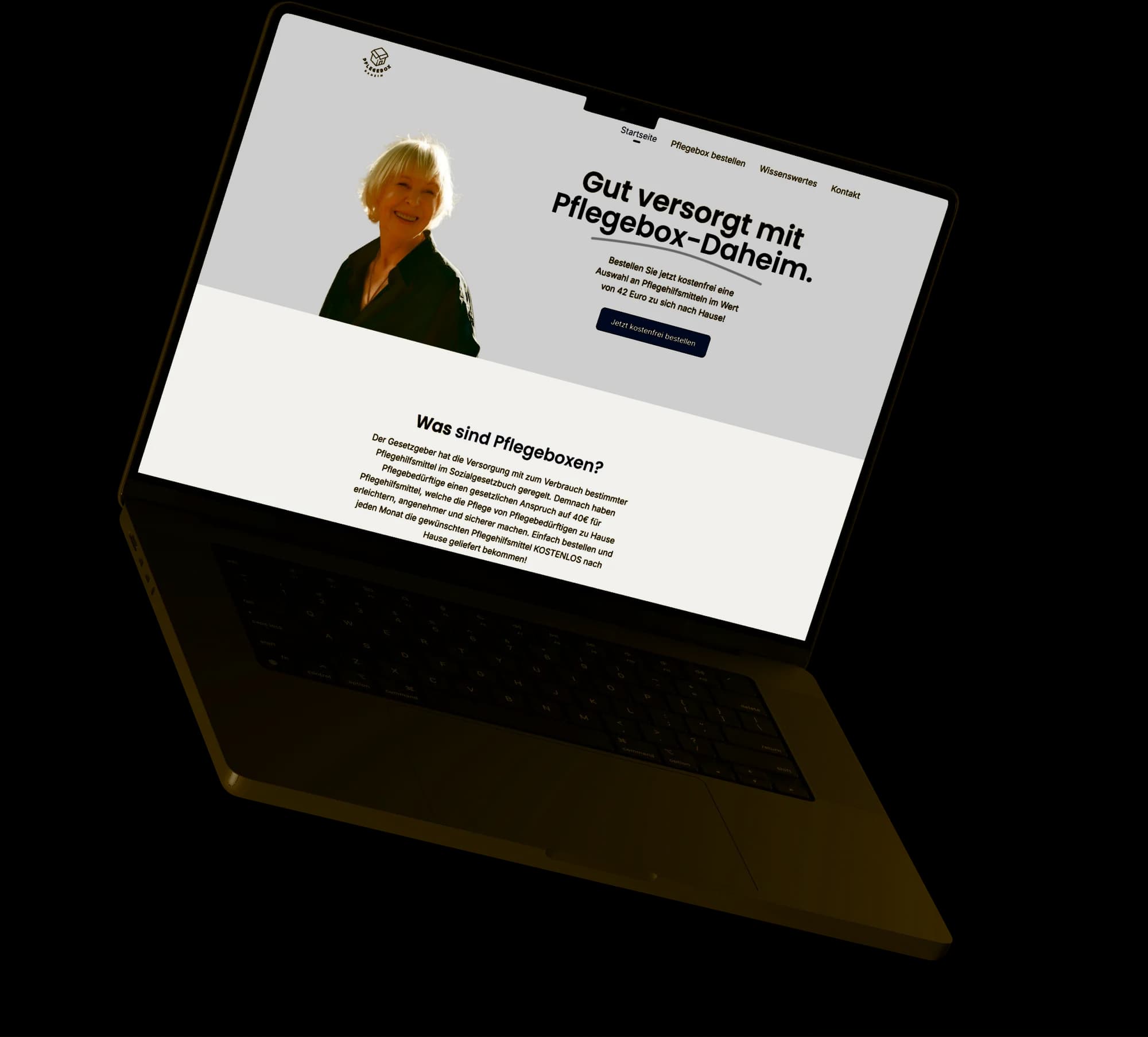 Pflegebox Daheim home page on a MacBook: “Gut versorgt mit Pflegebox-Daheim”, ordering free monthly care aids