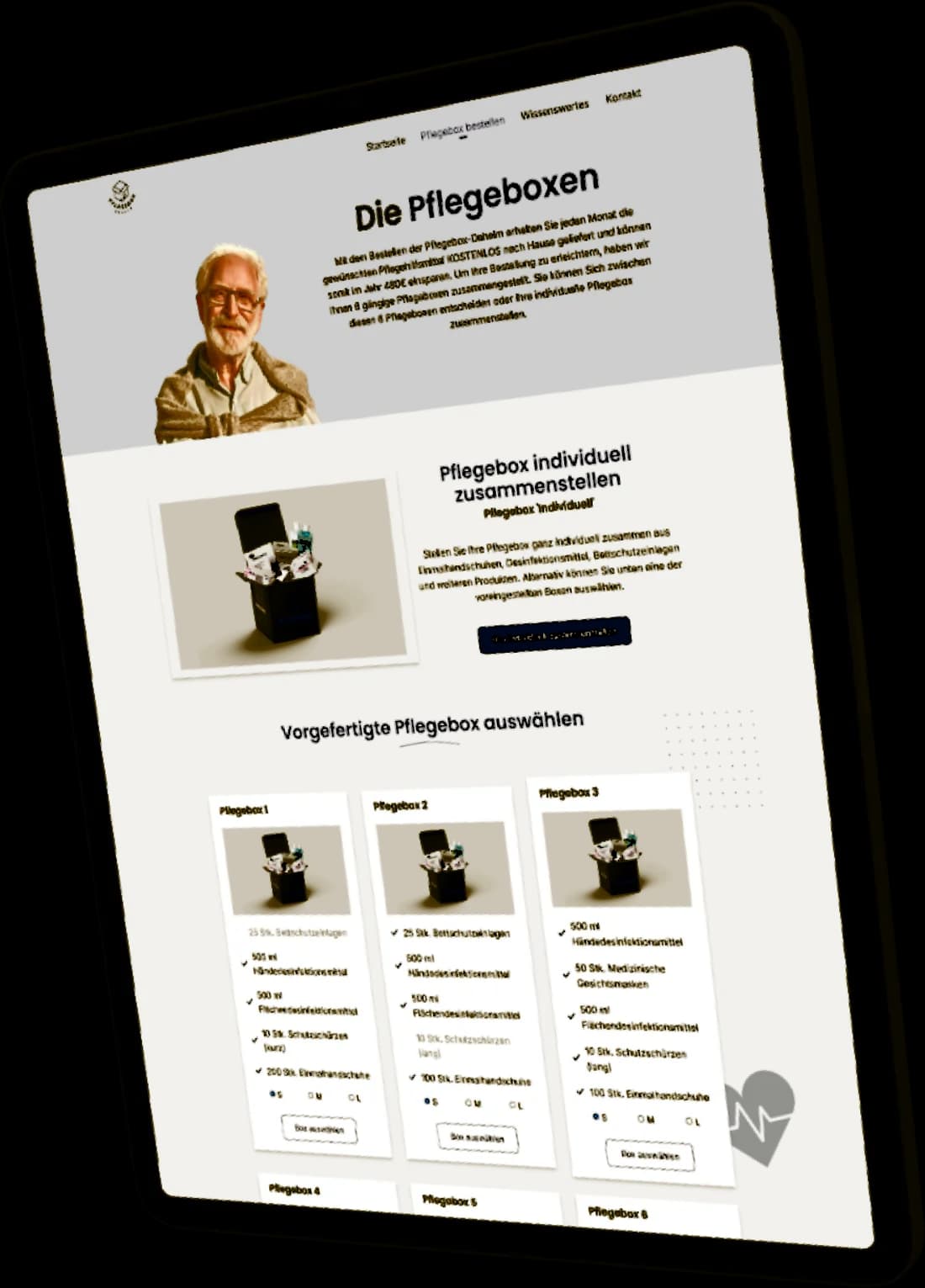 Pflegebox Daheim box overview on a tablet: six ready-made care boxes and a box you customise yourself