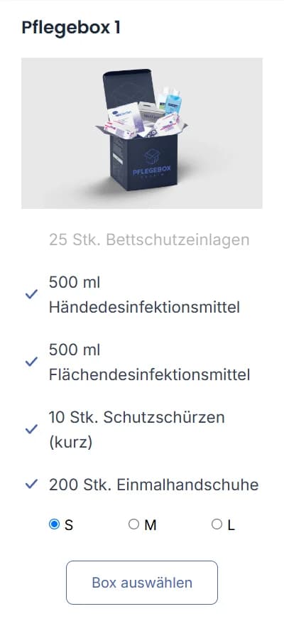Pflegebox 1 card: box photo, contents list with hand and surface disinfectant, short aprons and 200 disposable gloves, and glove sizes
