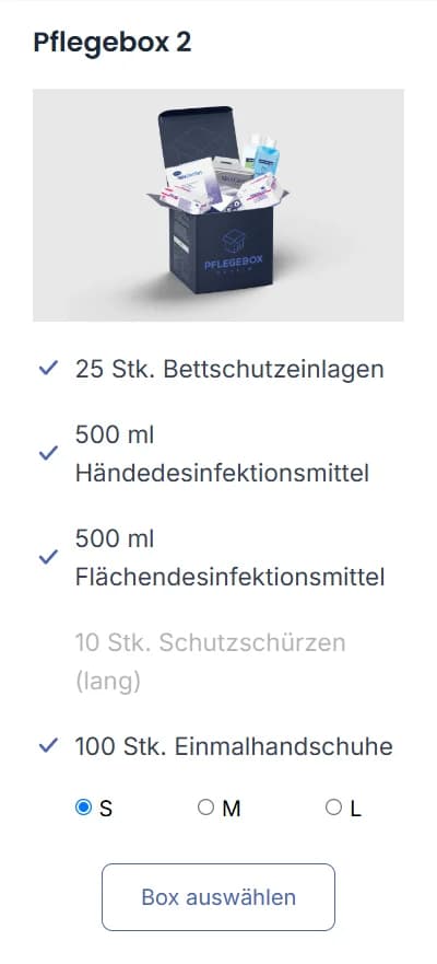 Pflegebox 2 card: 25 bed pads, hand and surface disinfectant and 100 disposable gloves, with a Box auswählen button