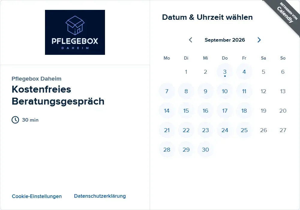 Booking a free consultation call (Kostenfreies Beratungsgespräch) with Pflegebox Daheim in an embedded calendar