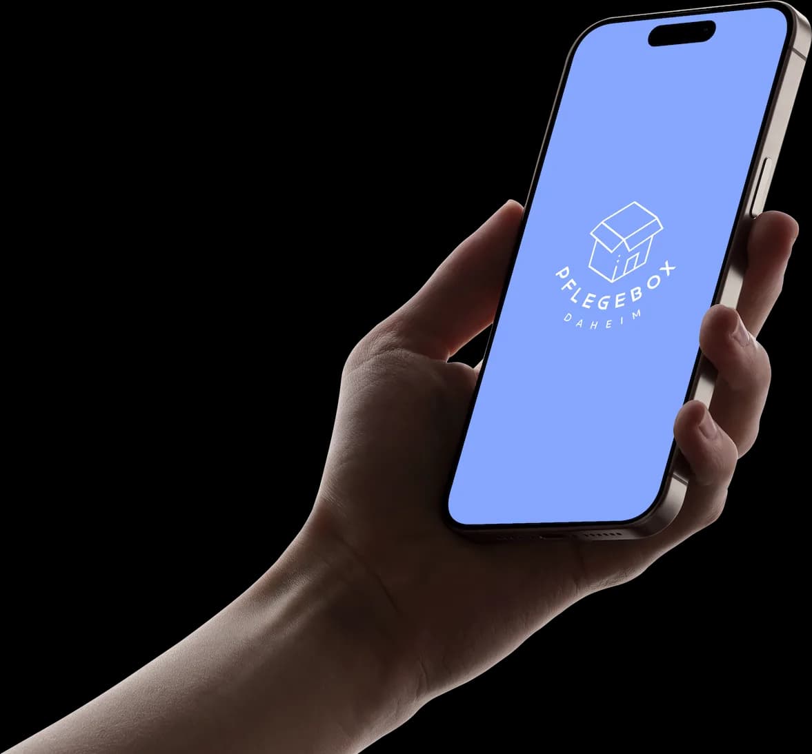 Hand holding a phone showing the Pflegebox Daheim logo on the brand blue