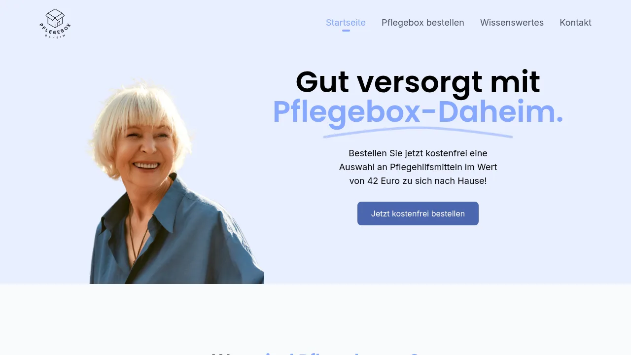 Pflegebox Daheim home page: “Gut versorgt mit Pflegebox-Daheim”, order care aids free of charge