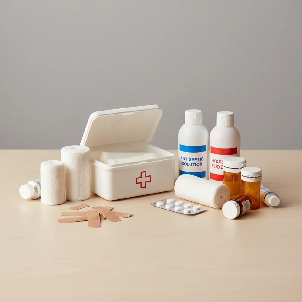 Loose care supplies on a table: bandages, plasters, disinfectant bottles and pill packs next to an open first-aid box