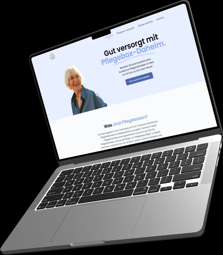 Pflegebox Daheim homepage on a laptop: “Gut versorgt mit Pflegebox-Daheim.” headline, a smiling senior woman and a blue order button