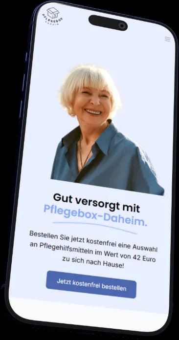The same Pflegebox Daheim homepage on a phone, with the free-order button kept above the fold
