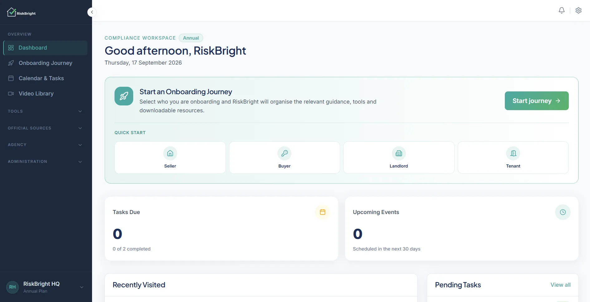The RiskBright agency dashboard with demo data for RiskBright HQ: start an Onboarding Journey for a seller, buyer, landlord or tenant, tasks due and upcoming events