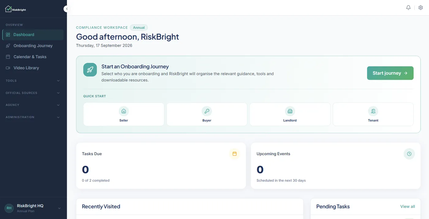 RiskBright dashboard: a greeting, a Start journey call to action with Seller, Buyer, Landlord and Tenant quick-start tiles, and Tasks Due and Upcoming Events counts