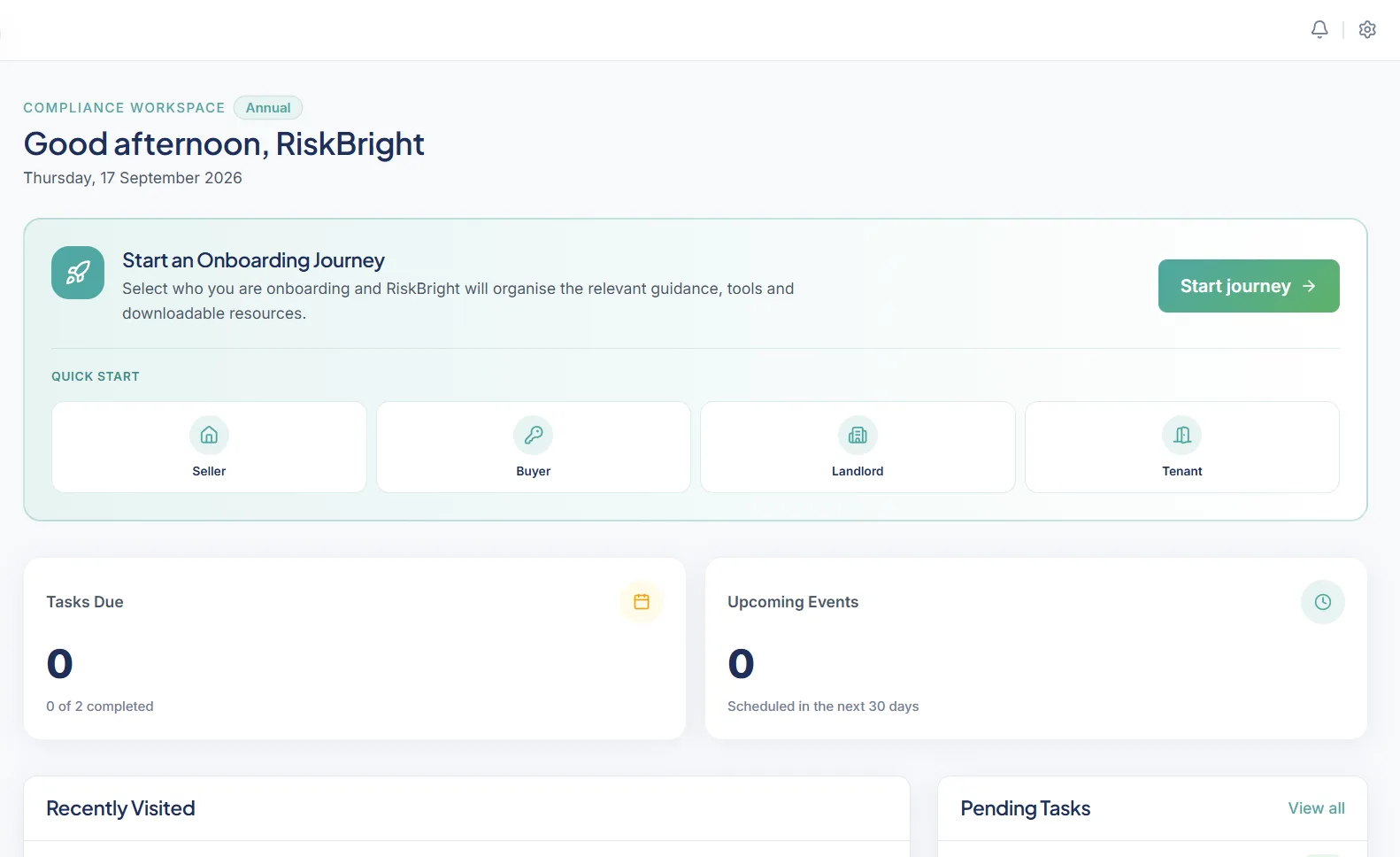 RiskBright dashboard: a greeting, a Start journey call to action with Seller, Buyer, Landlord and Tenant quick-start tiles, and Tasks Due and Upcoming Events counts