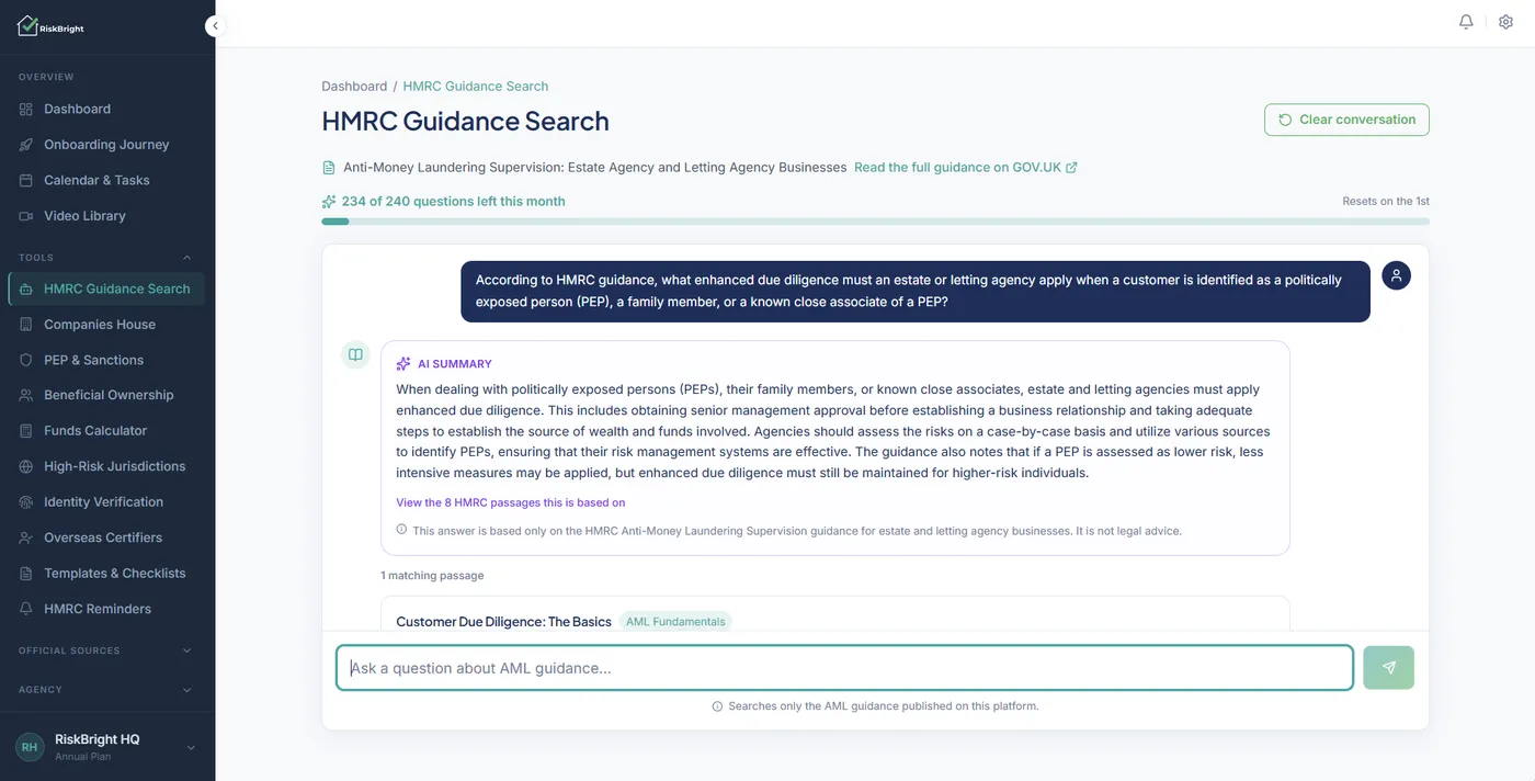 RiskBright HMRC Guidance Search: a question about politically exposed persons, an AI summary with a link to the HMRC passages it is based on, and a monthly question allowance meter