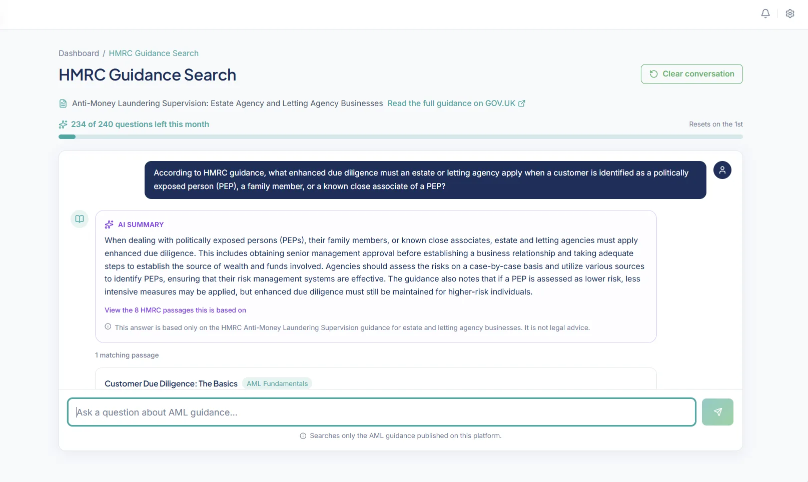 RiskBright HMRC Guidance Search: a question about politically exposed persons, an AI summary with a link to the HMRC passages it is based on, and a monthly question allowance meter