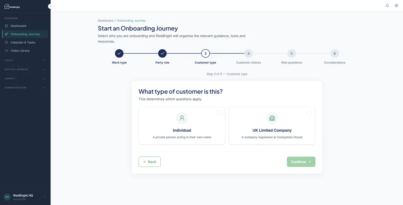 RiskBright Onboarding Journey wizard at step 3 of 6, asking what type of customer this is: Individual or UK Limited Company