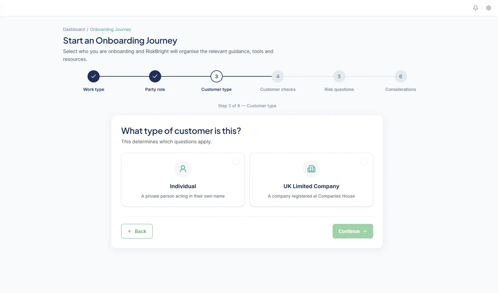 RiskBright Onboarding Journey wizard at step 3 of 6, asking what type of customer this is: Individual or UK Limited Company