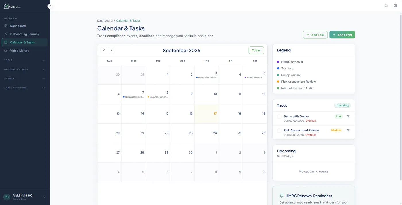 RiskBright Calendar & Tasks: a September 2026 month grid with colour-coded compliance events, a legend, pending tasks with priorities and an HMRC Renewal Reminders card