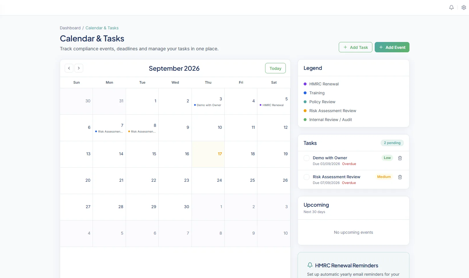 RiskBright Calendar & Tasks: a September 2026 month grid with colour-coded compliance events, a legend, pending tasks with priorities and an HMRC Renewal Reminders card