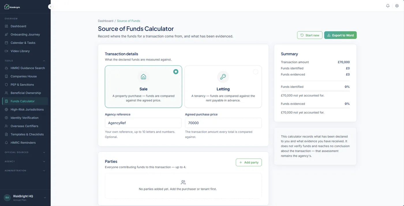RiskBright Source of Funds Calculator: Sale or Letting transaction details, an example agreed price and a summary of funds identified and evidenced