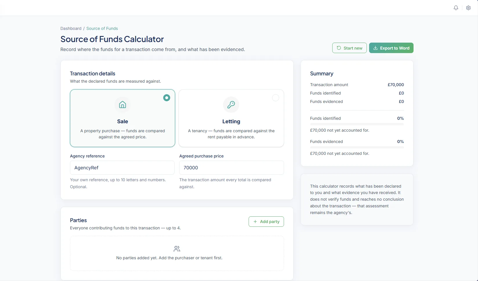 RiskBright Source of Funds Calculator: Sale or Letting transaction details, an example agreed price and a summary of funds identified and evidenced