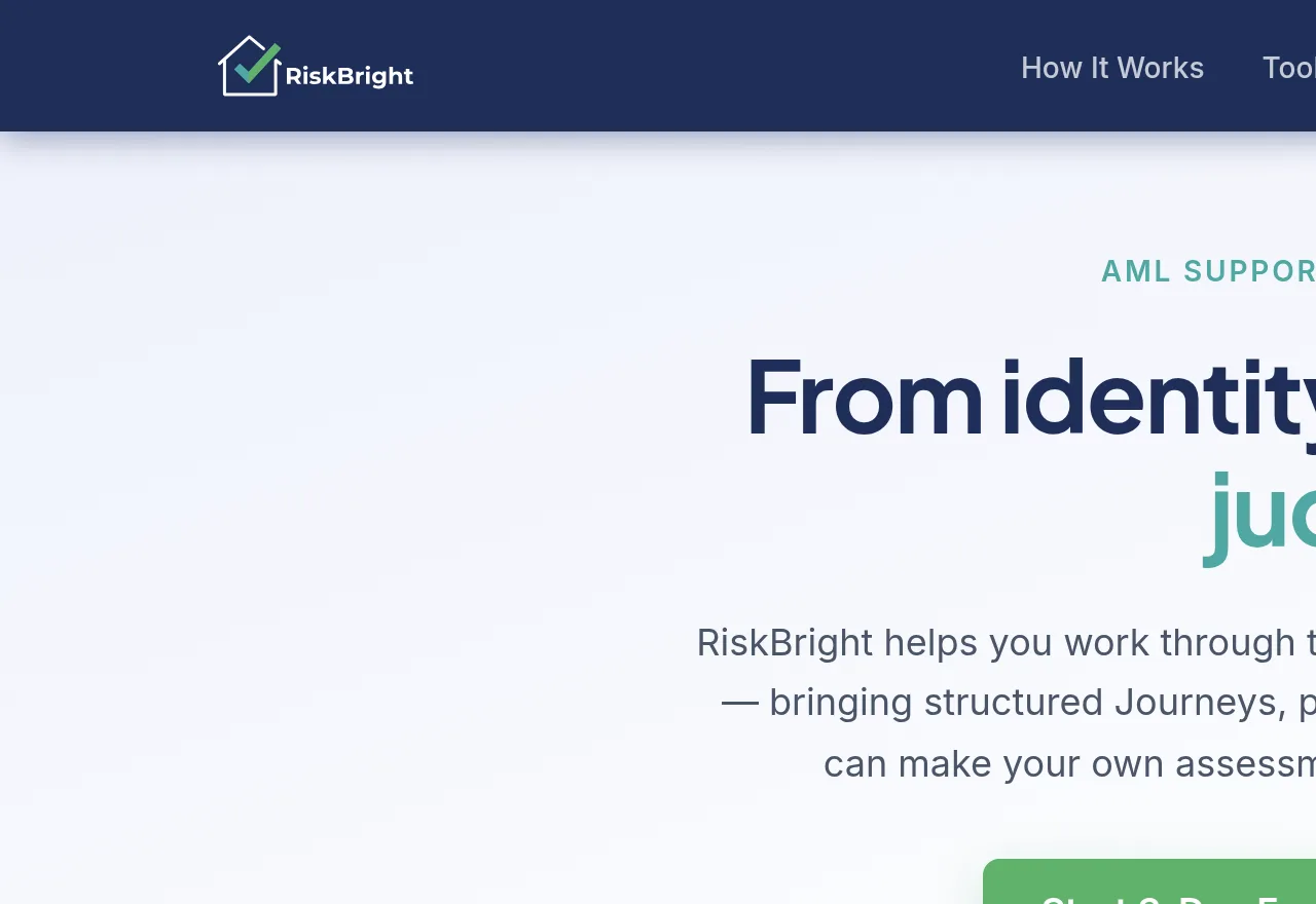 The top of riskbright.co.uk in a desktop browser: navy header and the headline From identity check to informed judgement