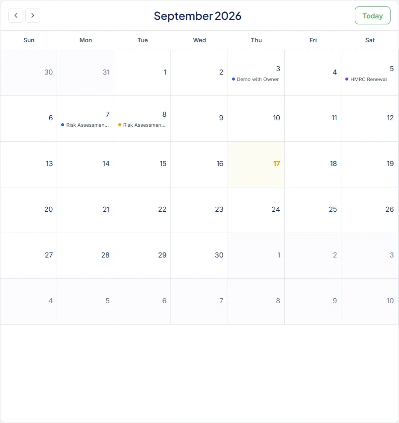 RiskBright Calendar & Tasks: September 2026 month view with demo compliance events