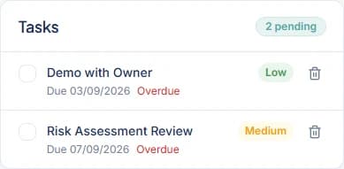 Tasks card with two pending demo tasks marked Low and Medium