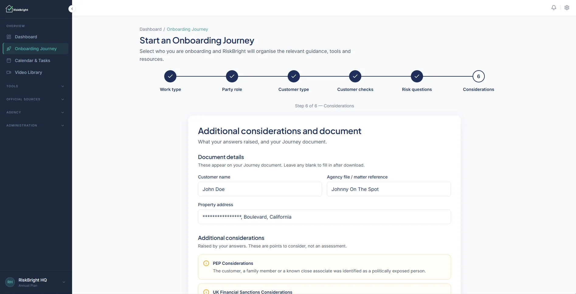 RiskBright Onboarding Journey in the RiskBright HQ demo workspace, step 6 of 6: document details and the additional considerations raised by the agent's answers