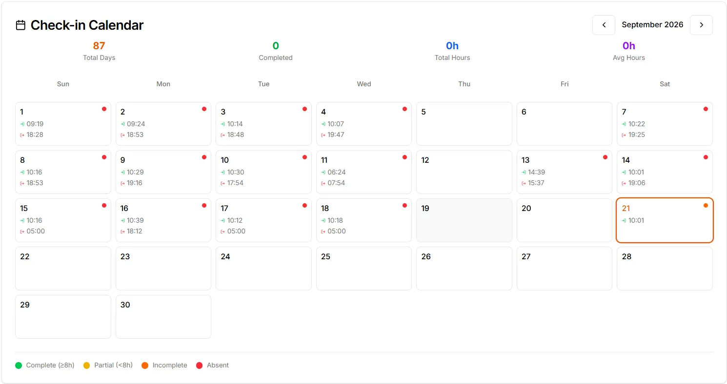 TMS Check-in Calendar for September 2026 with daily check-in and check-out times and a legend for Complete (8h or more), Partial, Incomplete and Absent days