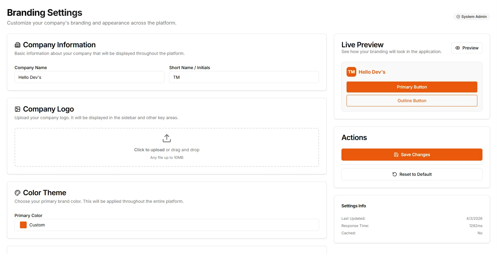 TMS Branding Settings screen: company information, logo upload, primary colour theme, a live preview of the brand buttons and Save Changes