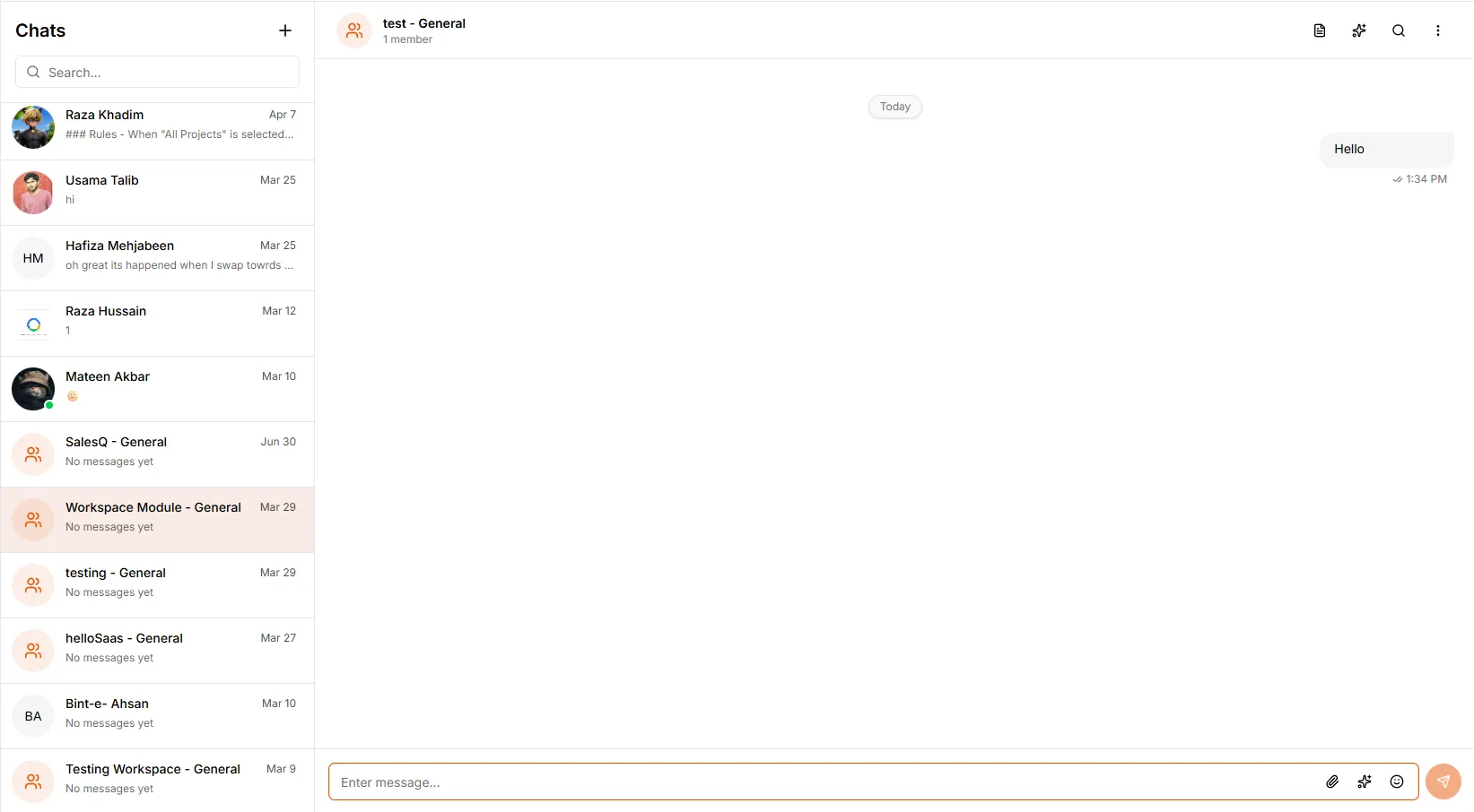 TMS chat screen: a list of direct messages and project channels such as Workspace Module – General, with an open channel thread and message composer