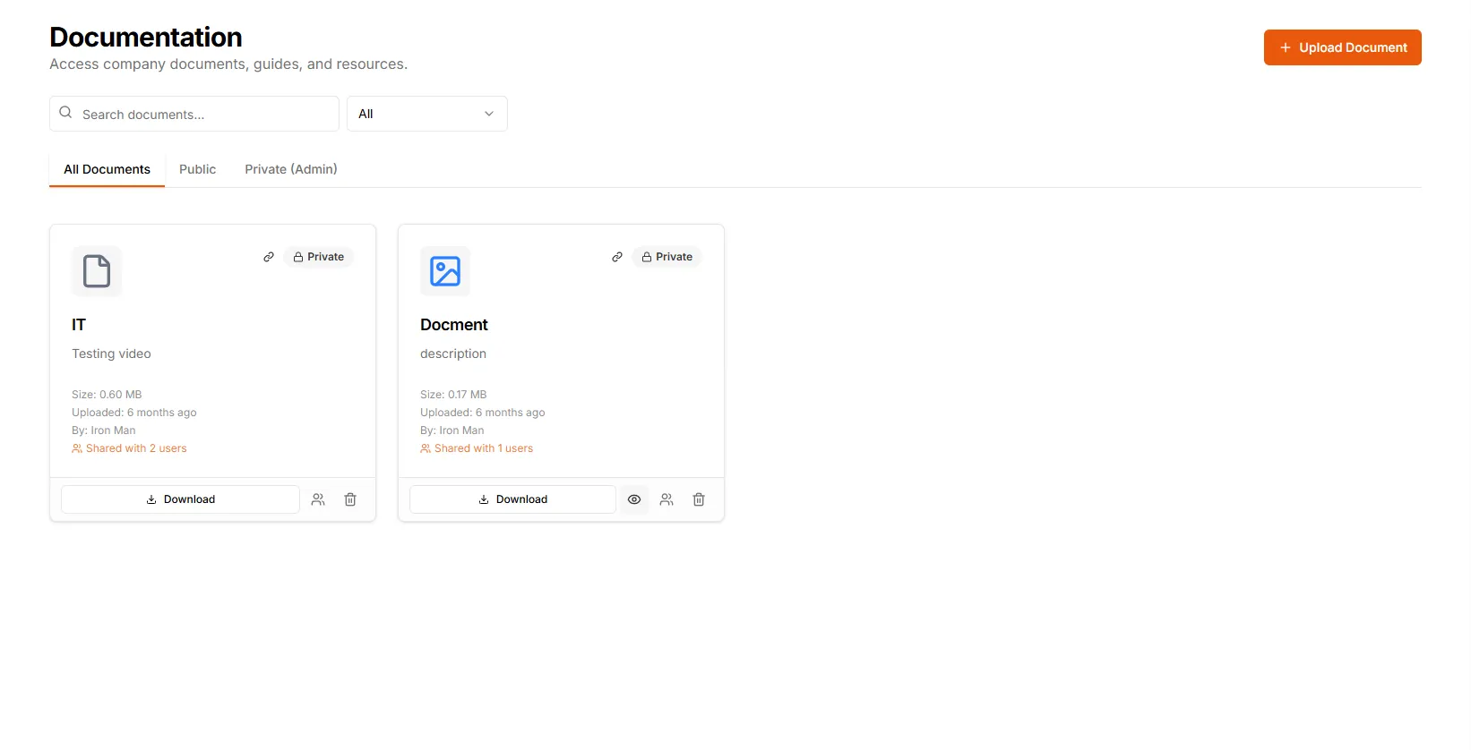 TMS Documentation screen with document cards showing file size, uploader, Private badges and sharing, plus All Documents, Public and Private (Admin) tabs