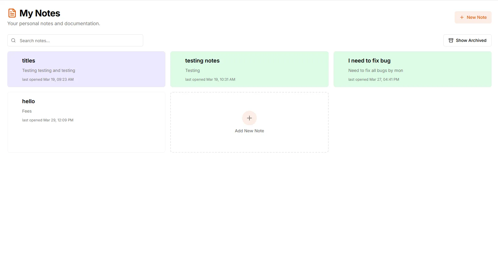 TMS My Notes screen with colour-coded note cards, a notes search field, a Show Archived toggle and an Add New Note tile
