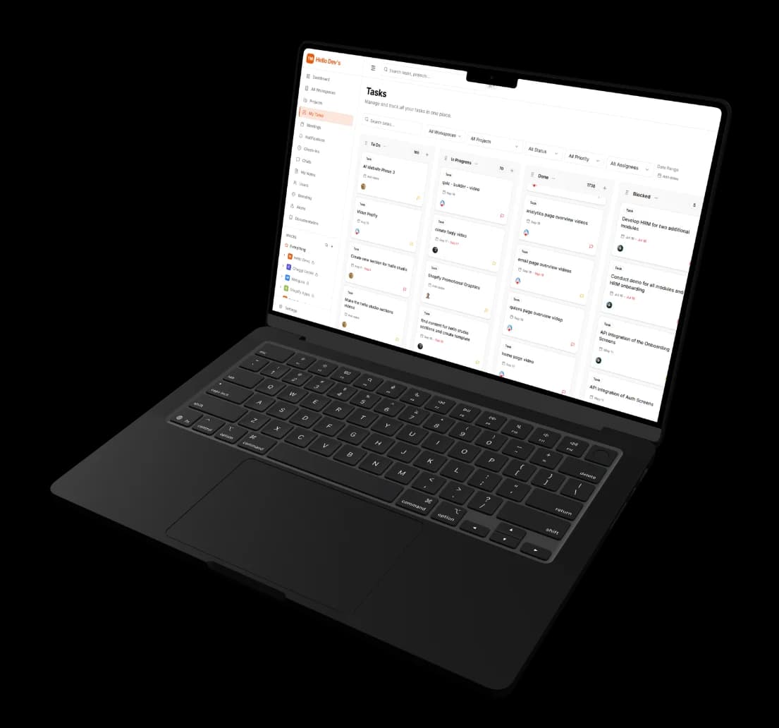Laptop showing the TMS Tasks Kanban board with To Do, In Progress, Done and Blocked columns and the workspace sidebar