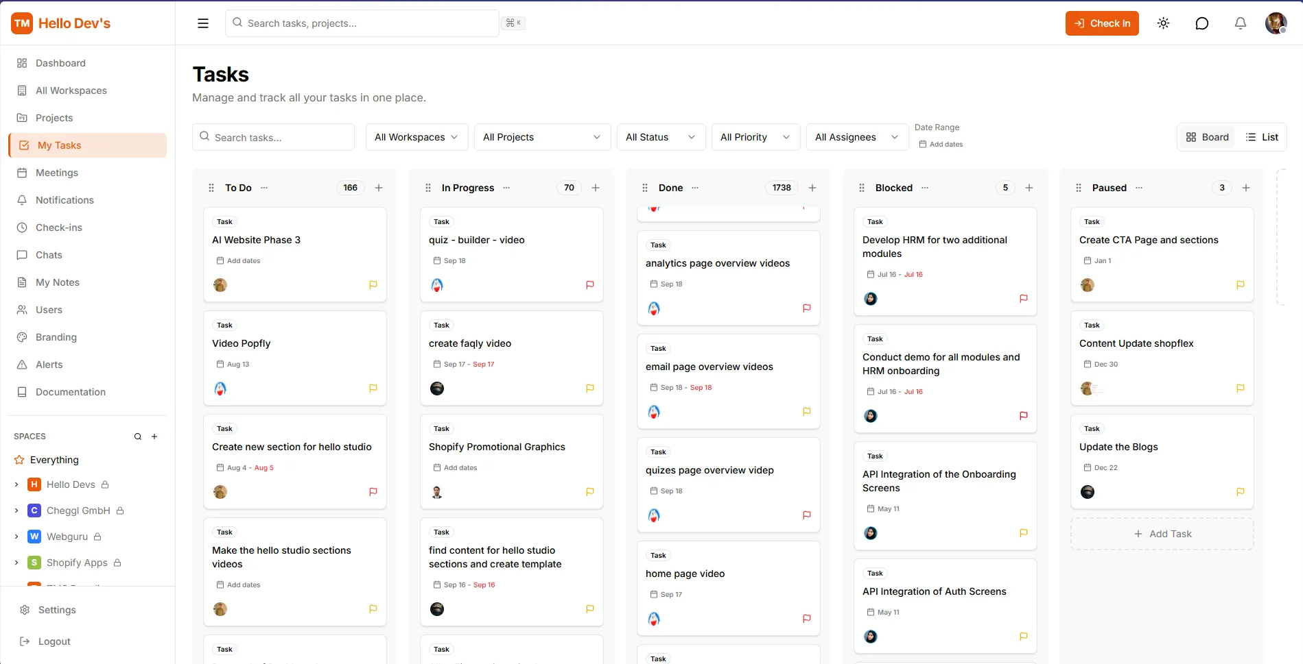 TMS My Tasks Kanban board with To Do, In Progress, Done, Blocked and Paused columns, task counts, search and filters for workspace, project, status, priority, assignee and date range