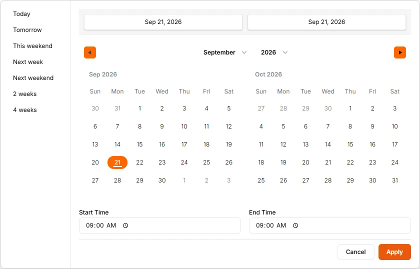 TMS date range filter with quick presets (Today, This weekend, 2 weeks), a two-month calendar and start and end times