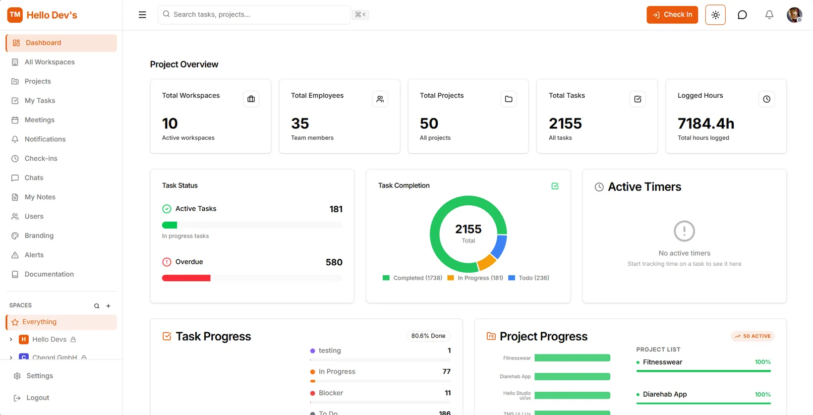 TMS dashboard: project overview with totals for workspaces, employees, projects, tasks and logged hours, task status bars, a task completion donut chart and project progress