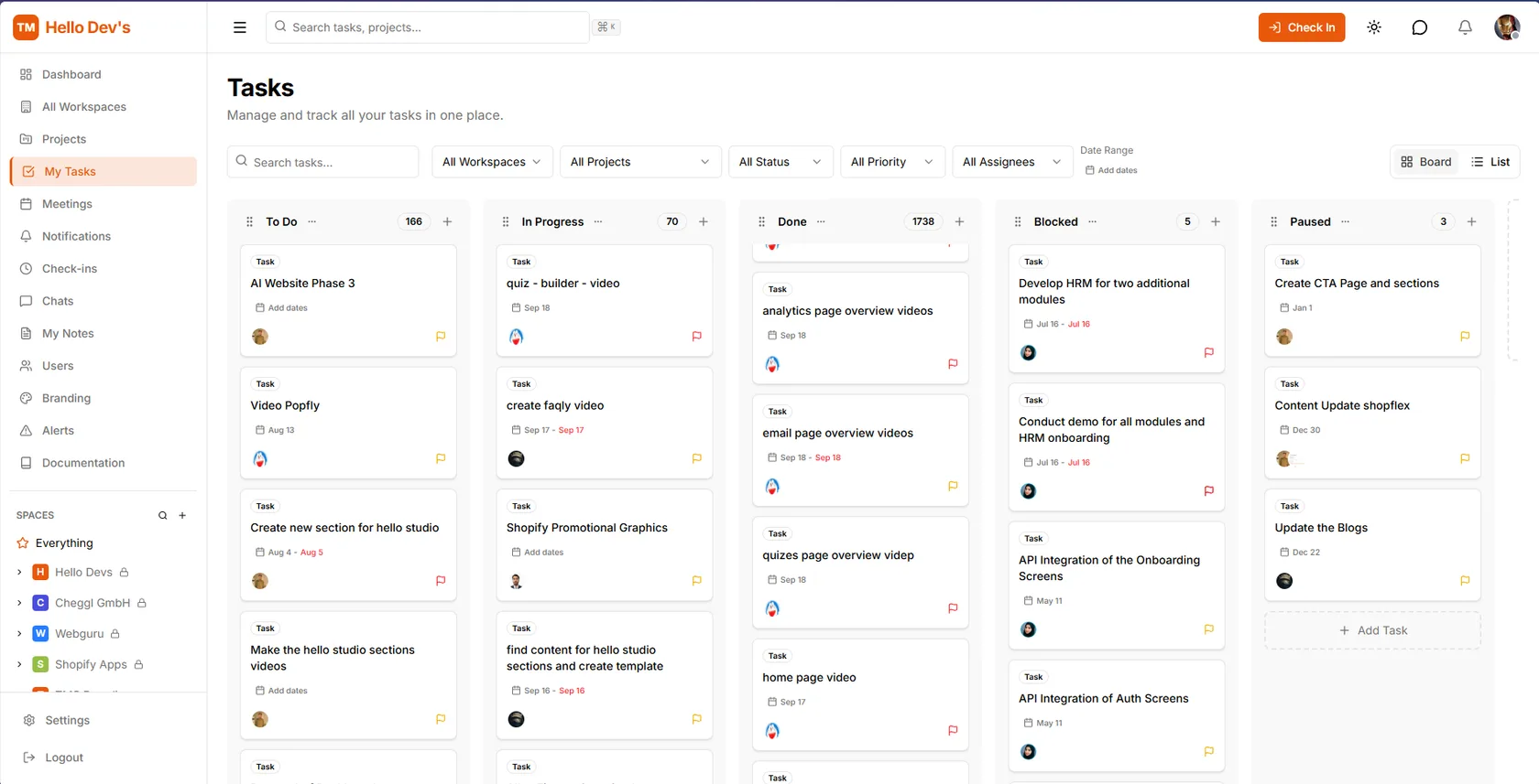 TMS Tasks page: a Kanban board with To Do, In Progress, Done, Blocked and Paused columns, filters for workspace, project, status, priority and assignee
