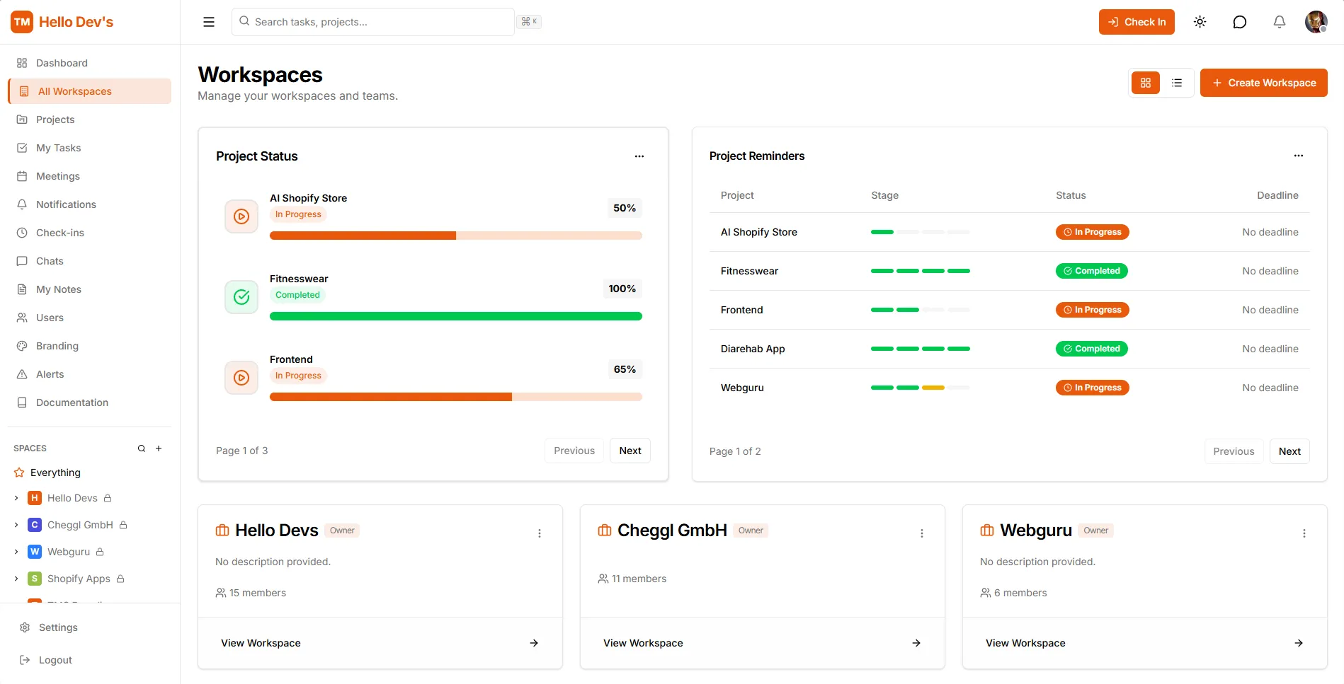 TMS All Workspaces page: Project Status with completion bars, a Project Reminders table with stage, status and deadline, and workspace cards for Hello Devs, Cheggl GmbH and Webguru.