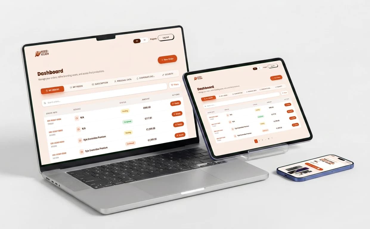The Video Helden customer dashboard on a MacBook, an iPad and an iPhone: the My Orders tab lists each order with its service, status and amount.