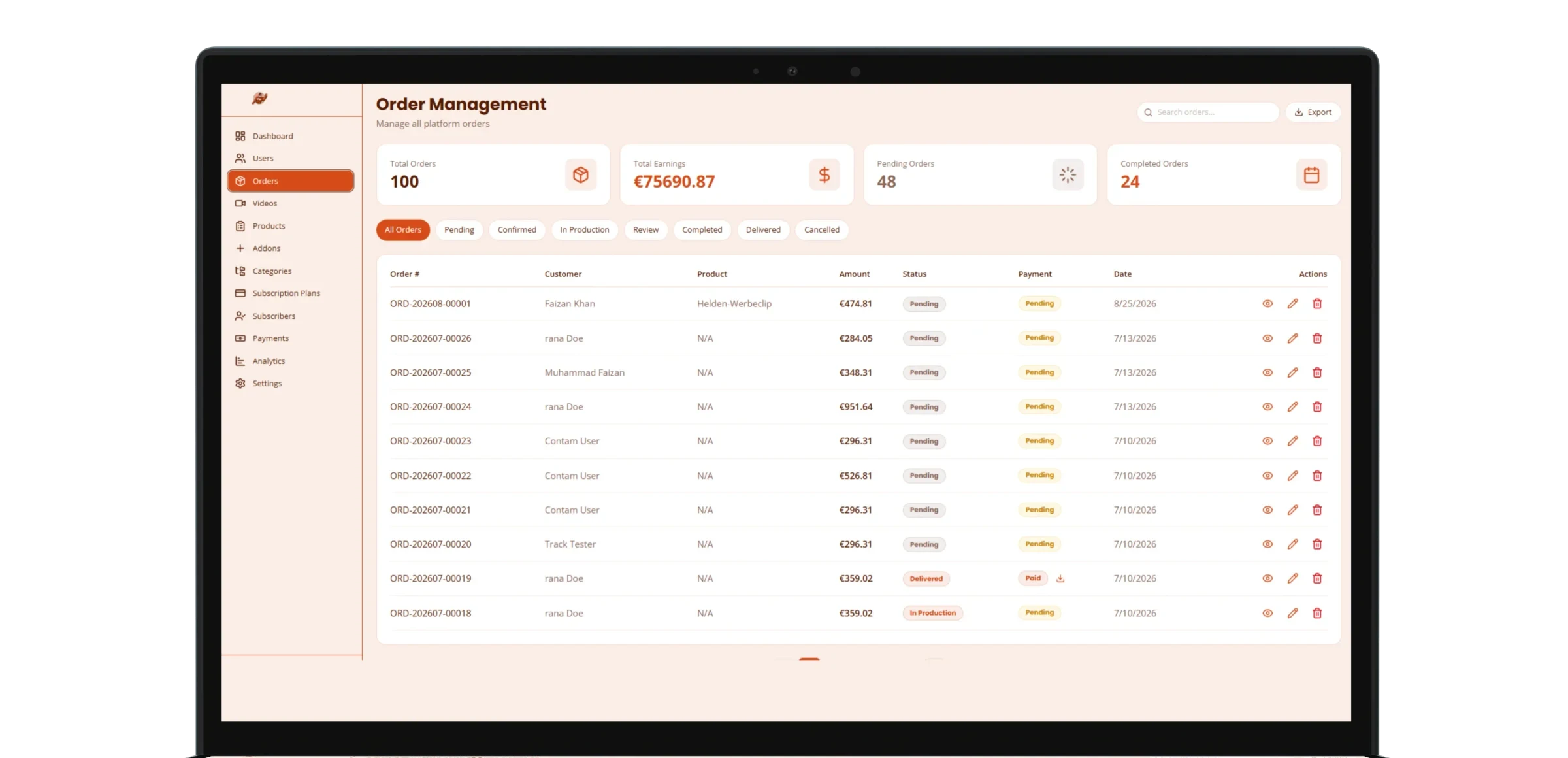 The Video Helden admin dashboard on a laptop: the Order Management screen with a sidebar, status filters from Pending to Cancelled, and a table of orders with customer, product, amount, status, payment and date.