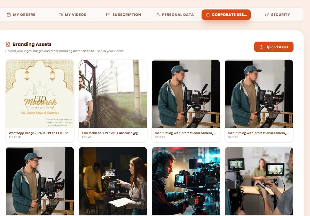 The Corporate Design tab of the Video Helden customer dashboard: a Branding Assets gallery of uploaded images with file names and sizes, and an Upload Asset button.