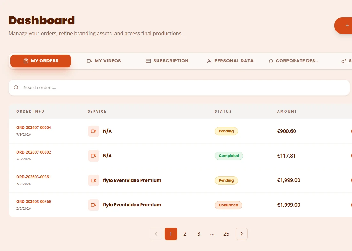 The My Orders tab of the Video Helden customer dashboard: a searchable table of orders with order number, service, status badges such as Pending, Completed and Confirmed, amount and a Details button, with pagination below.