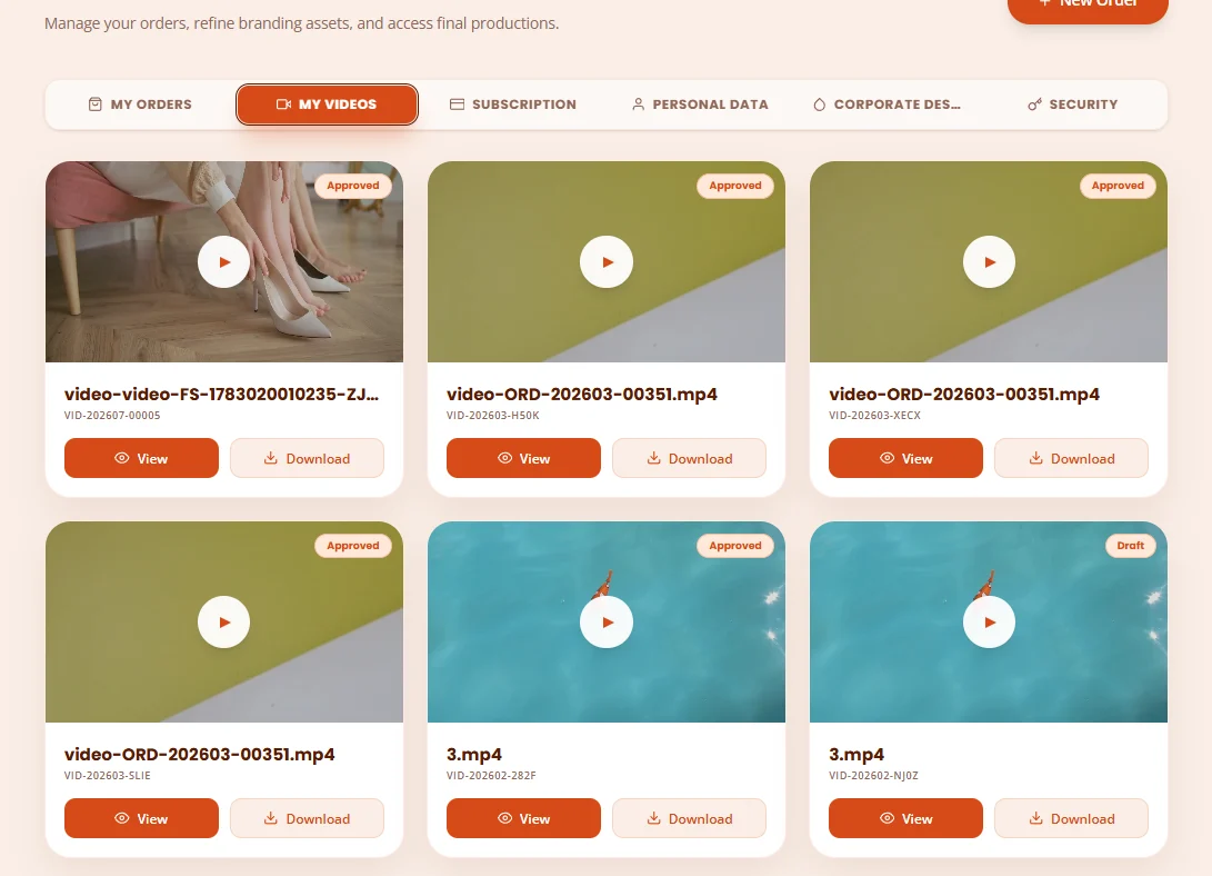 The My Videos tab of the Video Helden customer dashboard: a grid of finished video files, each with an Approved badge, a play button, and View and Download buttons.
