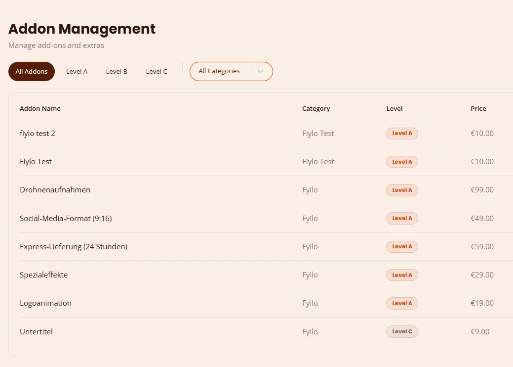The Addon Management screen: a list of add-ons such as drone footage, social media format 9:16, express delivery in 24 hours, special effects, logo animation and subtitles, each with category, level and price.