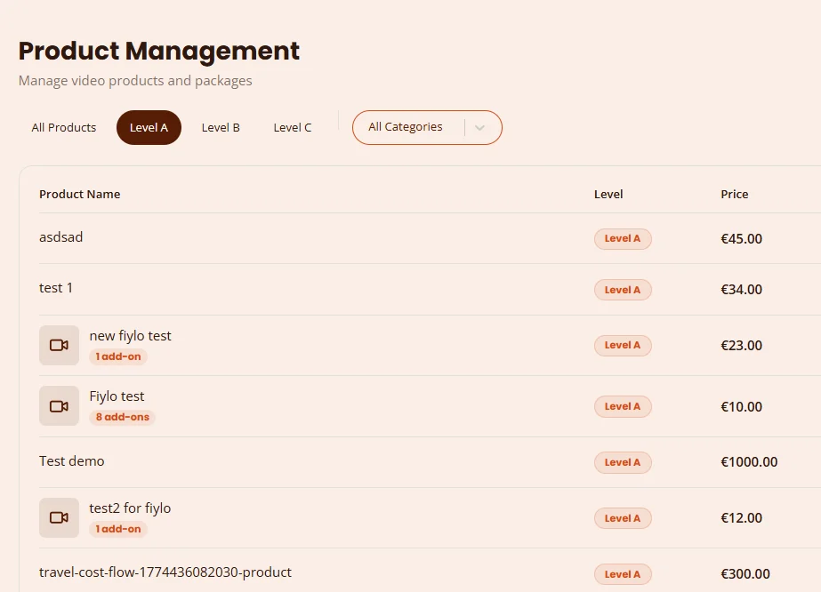 The Product Management screen: video products filtered by Level A, B and C, each row showing its level, price and attached add-ons.