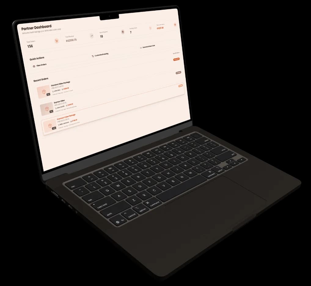 Video Helden partner dashboard on a laptop: total orders, revenue, active products, pending orders, commission and a list of recent video orders
