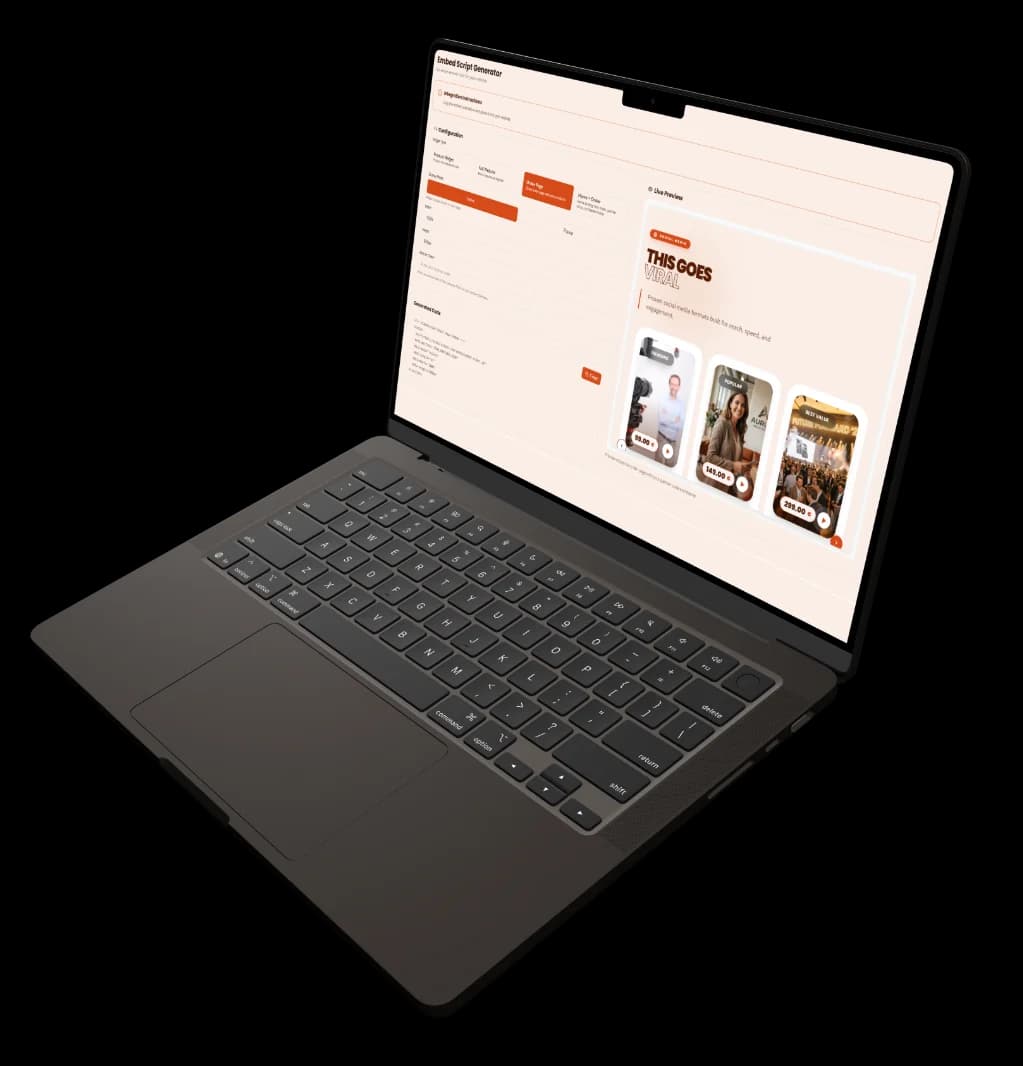 Video Helden embed script generator on a second laptop, with widget settings on the left and a live preview of the partner's video packages on the right