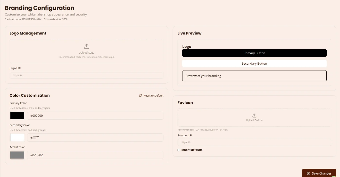 Branding configuration screen: logo upload, primary, secondary and accent colours, favicon, and a live preview of the partner's buttons