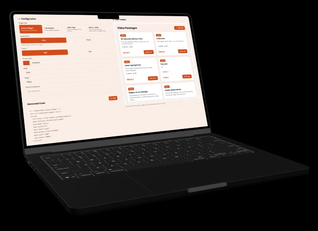 Video Helden embed script generator on a laptop: widget type, display mode, theme, primary colour and size on the left, a live preview of the video packages on the right and the generated code below