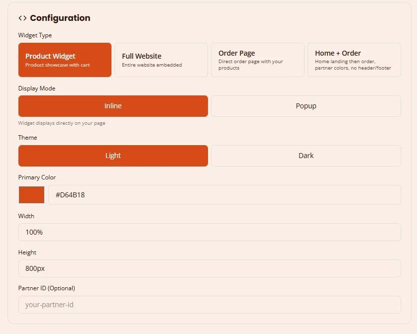 Embed configuration: widget type (product widget, full website, order page, home + order), inline or popup display, light or dark theme, primary colour #D64B18, width, height and an optional partner ID